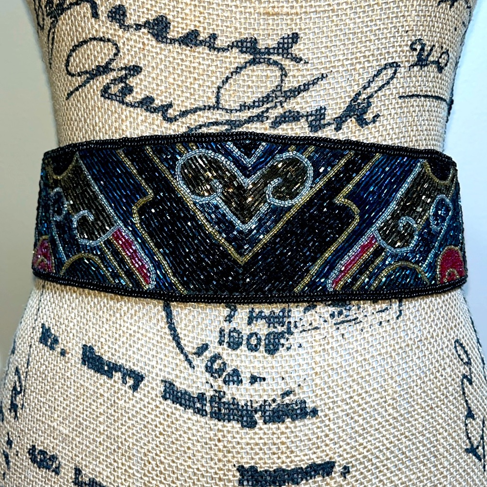 Vintage Glass Beaded Multicolored Glam Waist Belt Velcro Closure